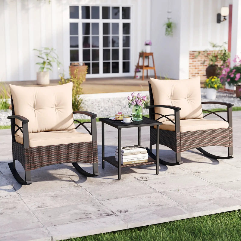 3 Piece Rocking Bistro Set PE Rattan Rocker Chairs with Acacia Wood Top Table by DirectDeals