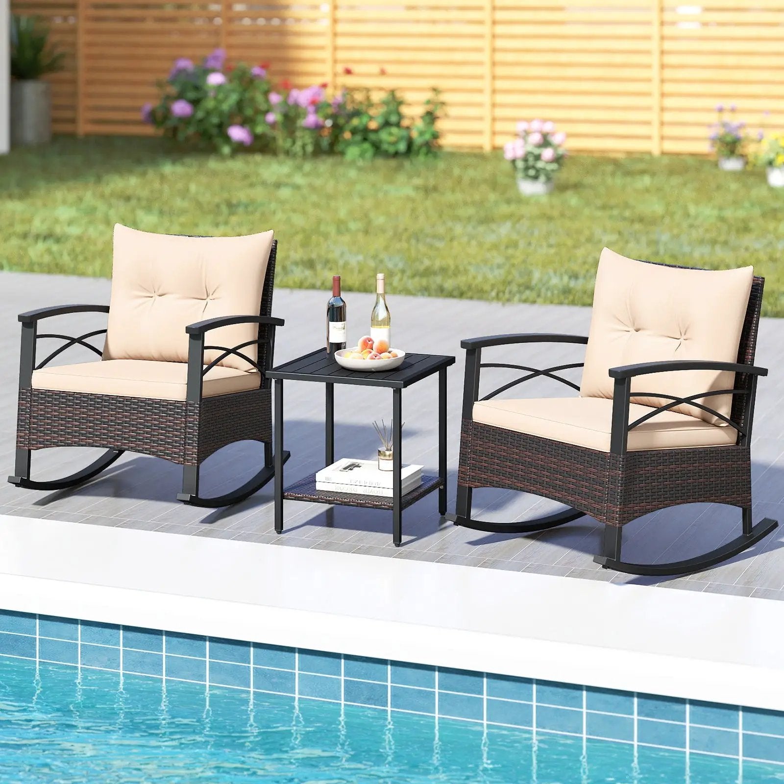 3 Piece Rocking Bistro Set PE Rattan Rocker Chairs with Acacia Wood Top Table by DirectDeals