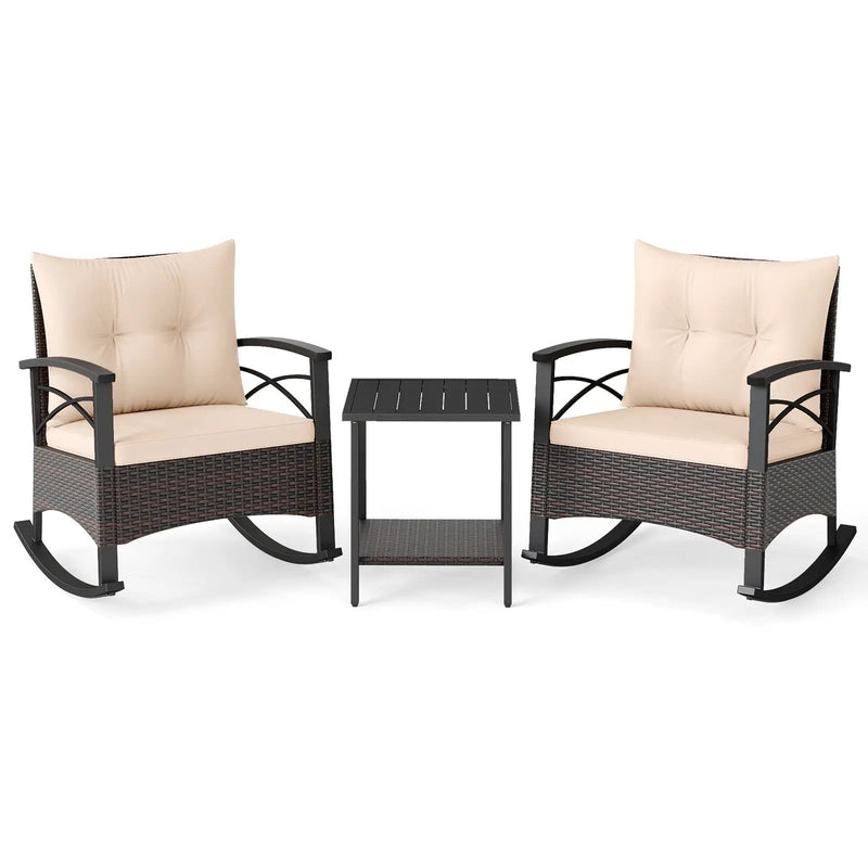 3 Piece Rocking Bistro Set PE Rattan Rocker Chairs with Acacia Wood Top Table by DirectDeals