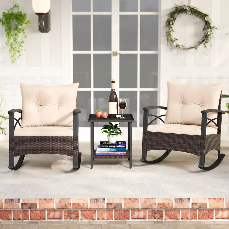 3 Piece Rocking Bistro Set PE Rattan Rocker Chairs with Acacia Wood Top Table by DirectDeals