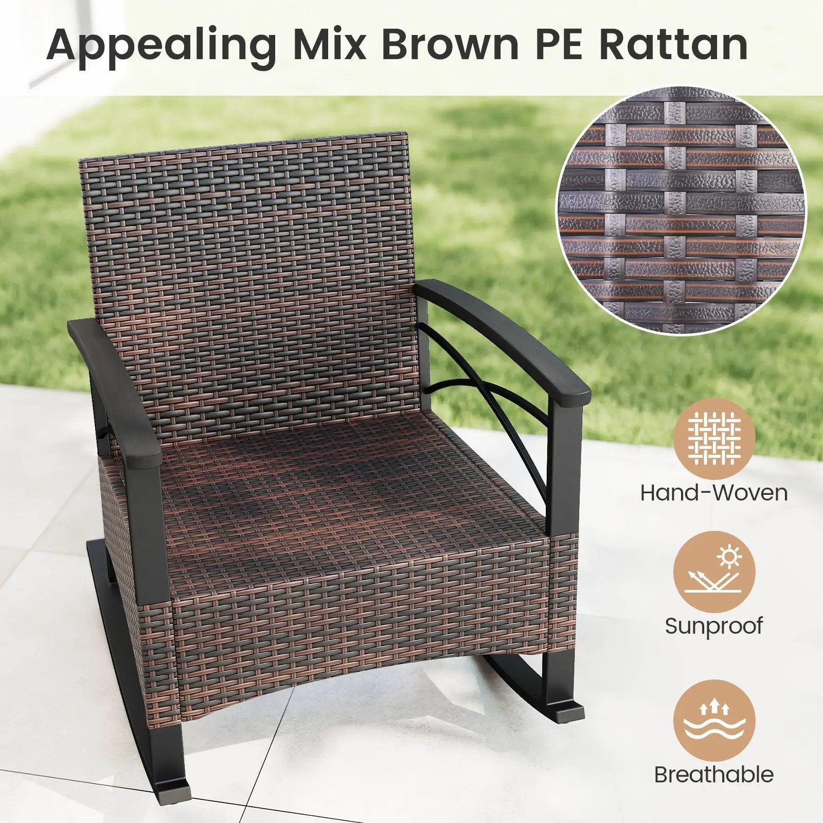 3 Piece Rocking Bistro Set PE Rattan Rocker Chairs with Acacia Wood Top Table by DirectDeals
