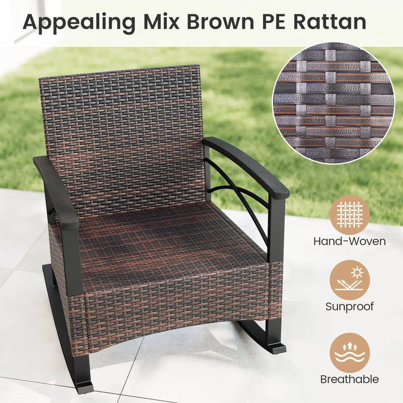 3 Piece Rocking Bistro Set PE Rattan Rocker Chairs with Acacia Wood Top Table by DirectDeals