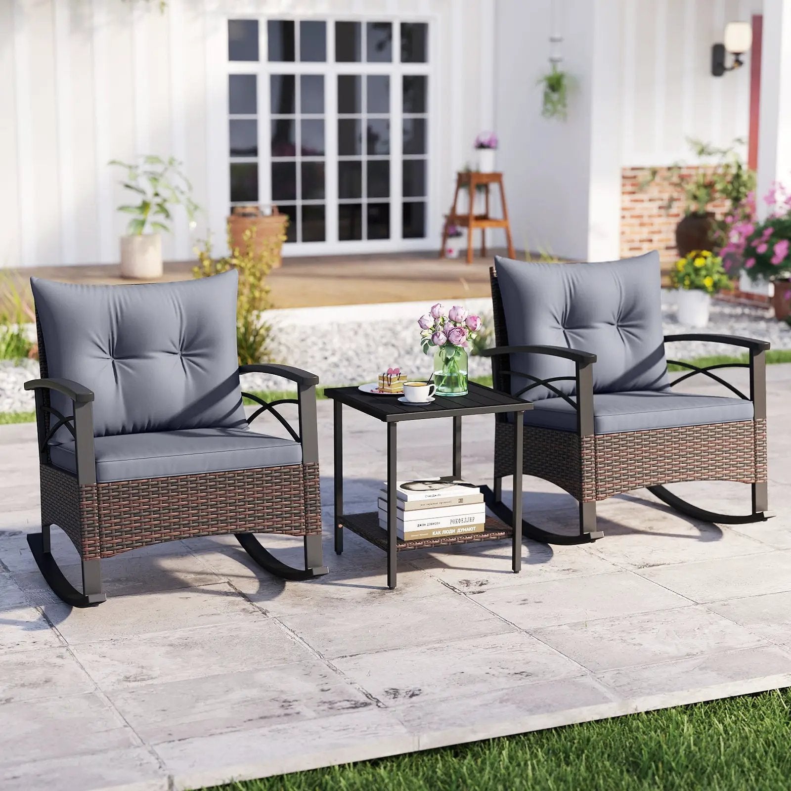 3 Piece Rocking Bistro Set PE Rattan Rocker Chairs with Acacia Wood Top Table by DirectDeals
