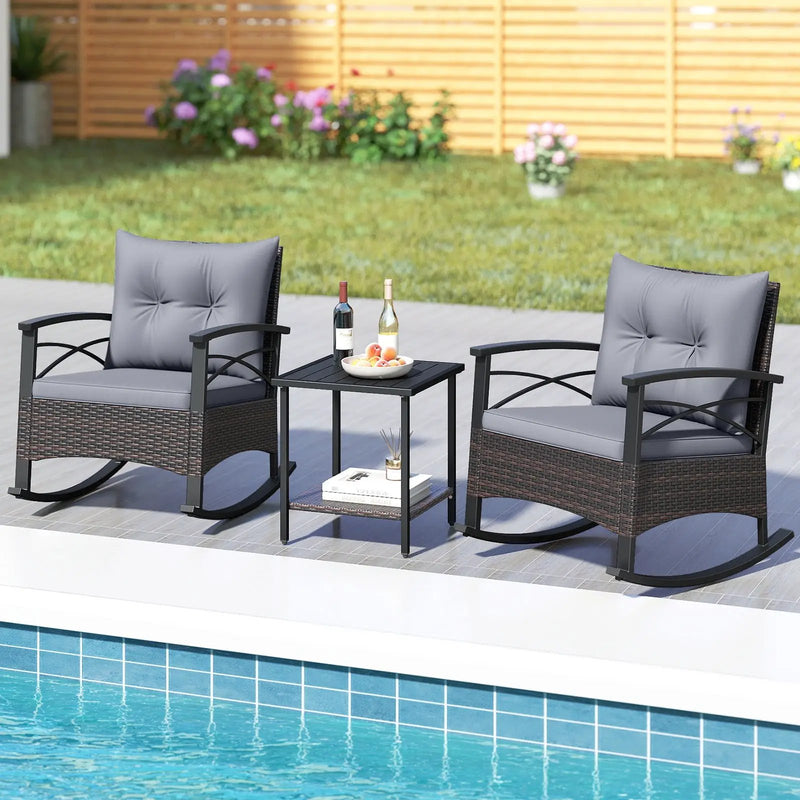 3 Piece Rocking Bistro Set PE Rattan Rocker Chairs with Acacia Wood Top Table by DirectDeals
