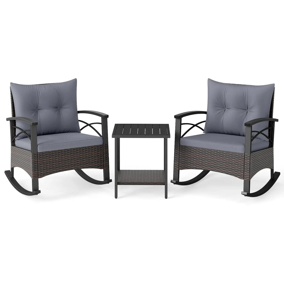 3 Piece Rocking Bistro Set PE Rattan Rocker Chairs with Acacia Wood Top Table by DirectDeals