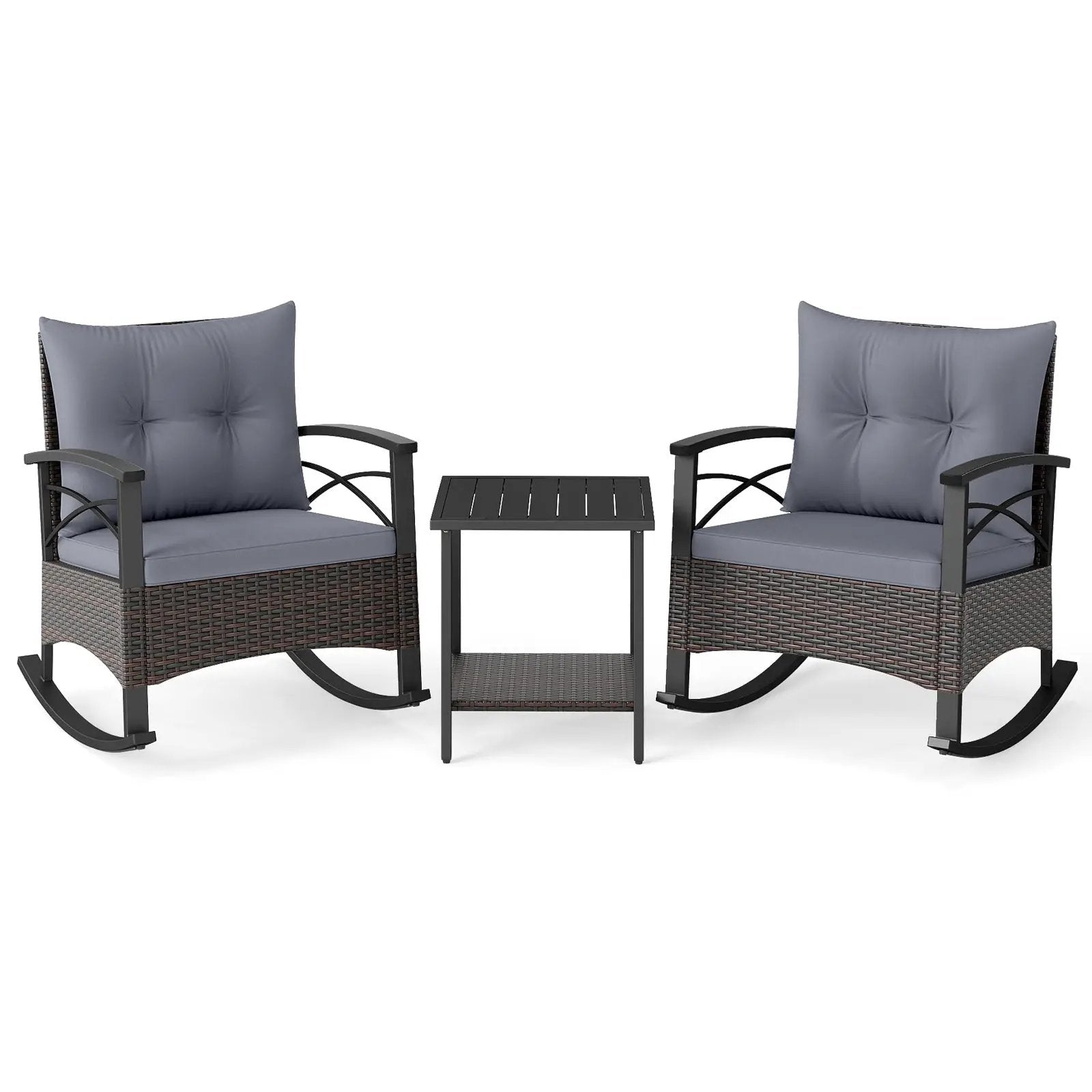 3 Piece Rocking Bistro Set PE Rattan Rocker Chairs with Acacia Wood Top Table by DirectDeals