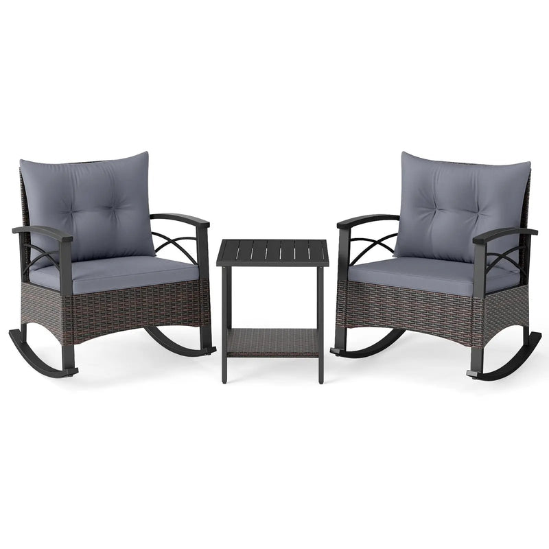 3 Piece Rocking Bistro Set PE Rattan Rocker Chairs with Acacia Wood Top Table by DirectDeals