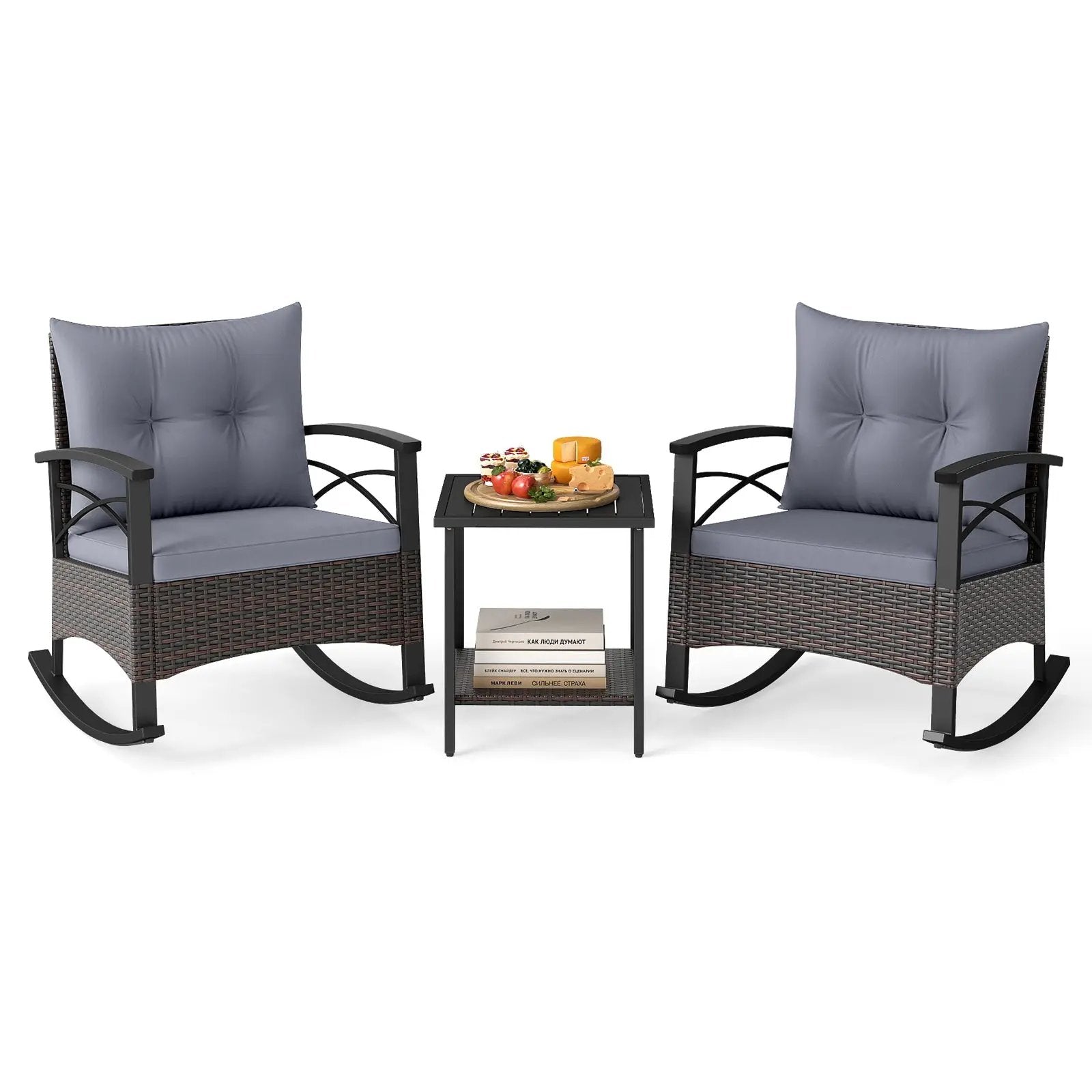 3 Piece Rocking Bistro Set PE Rattan Rocker Chairs with Acacia Wood Top Table by DirectDeals