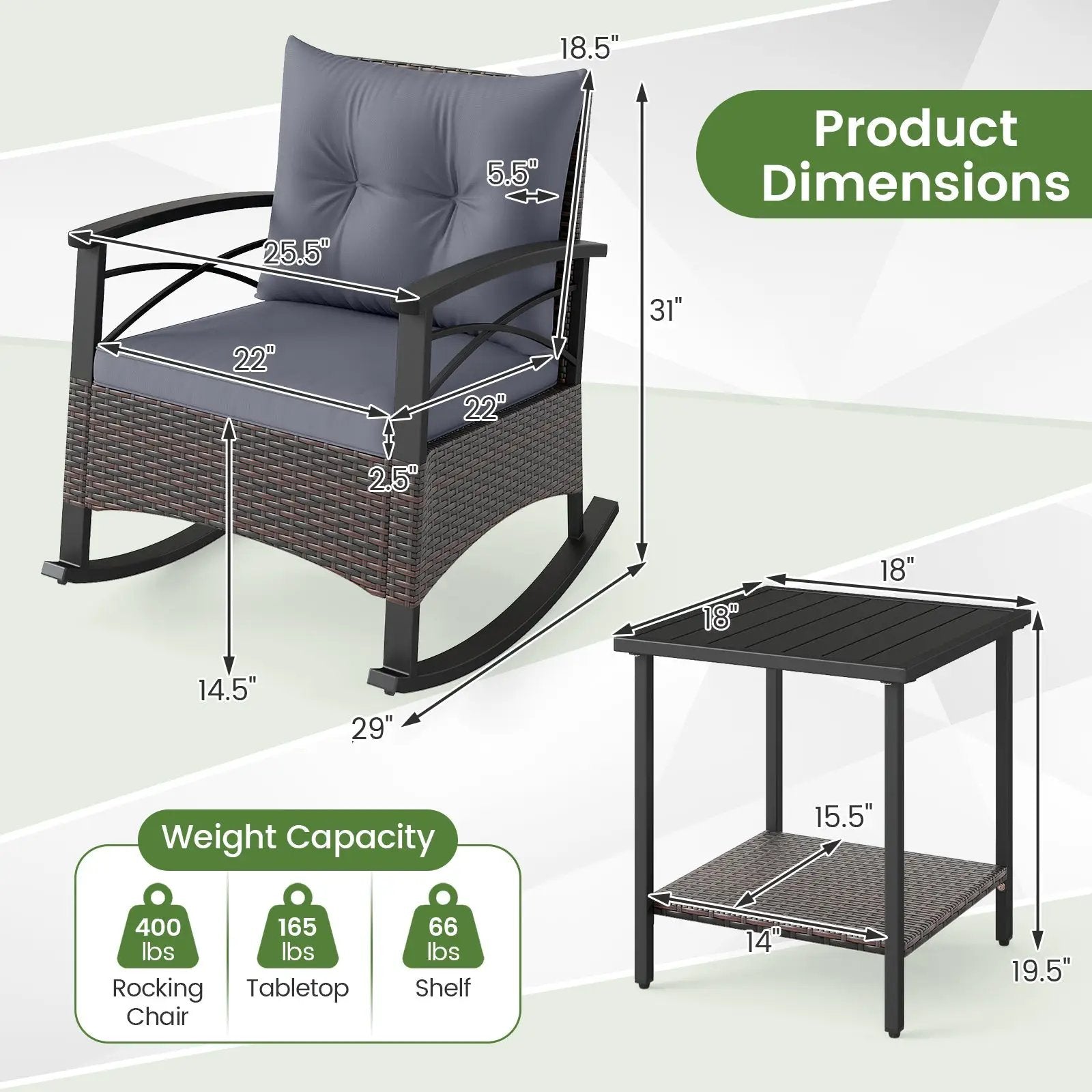 3 Piece Rocking Bistro Set PE Rattan Rocker Chairs with Acacia Wood Top Table by DirectDeals