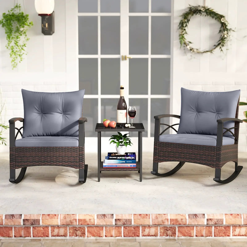 3 Piece Rocking Bistro Set PE Rattan Rocker Chairs with Acacia Wood Top Table by DirectDeals