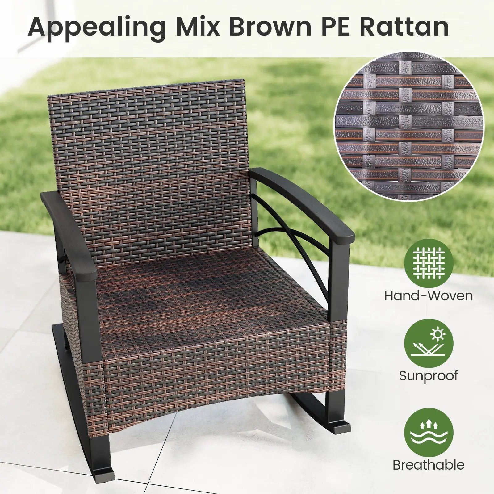 3 Piece Rocking Bistro Set PE Rattan Rocker Chairs with Acacia Wood Top Table by DirectDeals