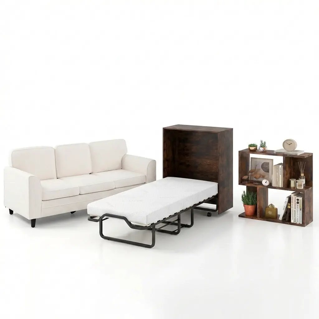 3-Piece Space-Saving Living Room with Teddy Sofa Display Bookshelf & Foldable Murphy Bed by DirectDeals