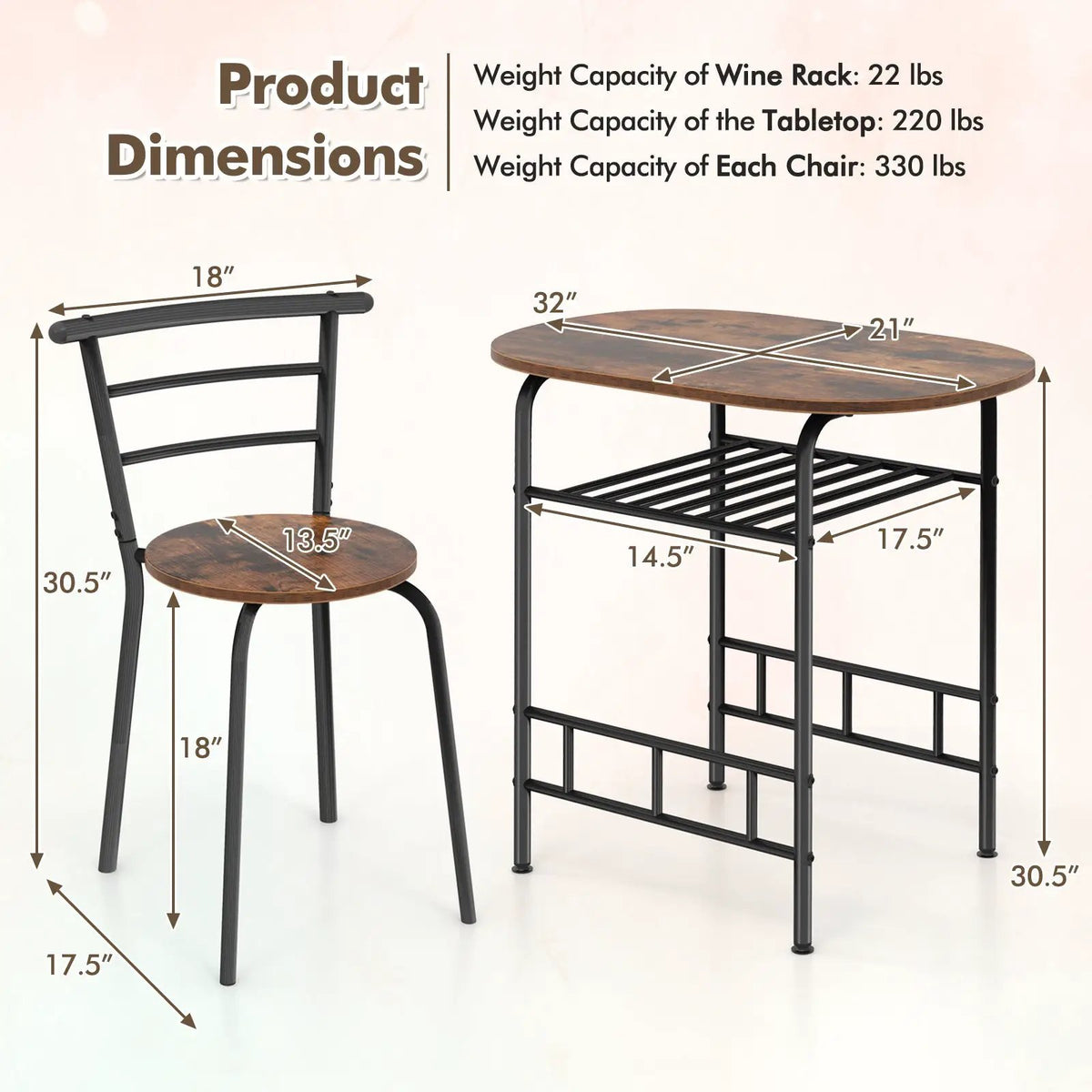 3 pcs Home Kitchen Bistro Pub Dining Table 2 Chairs Set by DirectDeals