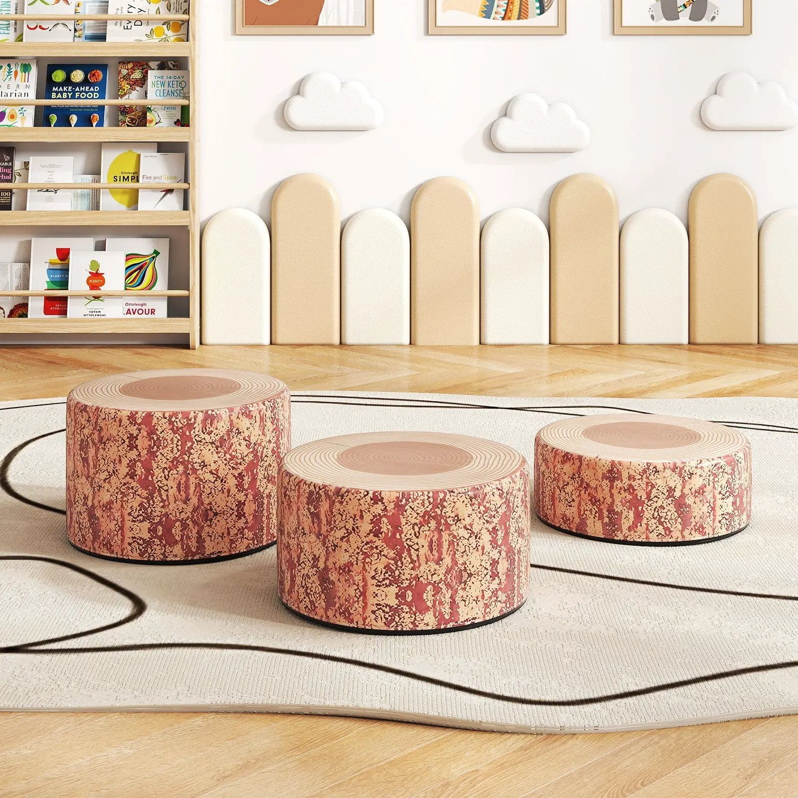 3-Piece Tree Stump Stool Set with Wood Printing Nature Decoration by DirectDeals