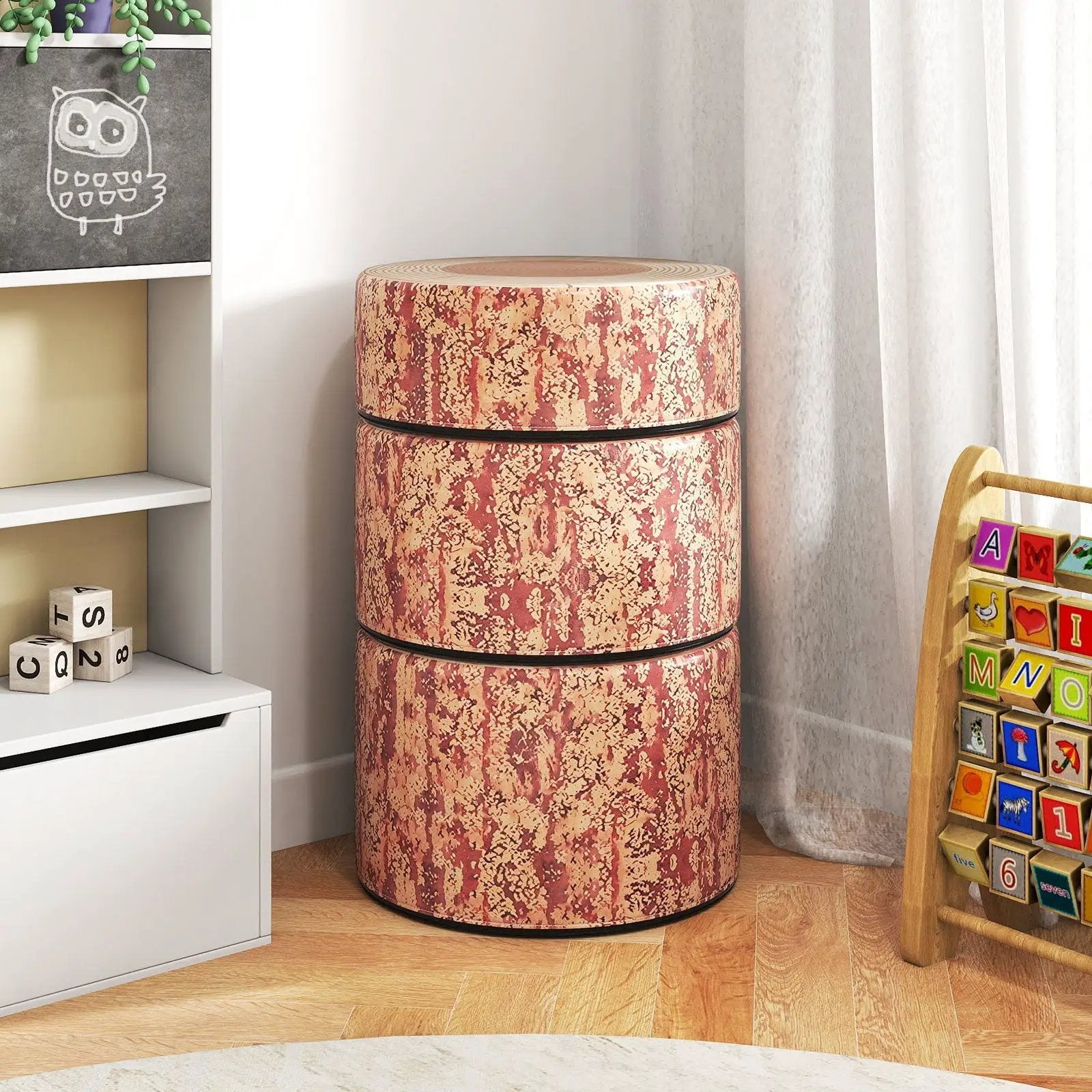 3-Piece Tree Stump Stool Set with Wood Printing Nature Decoration by DirectDeals