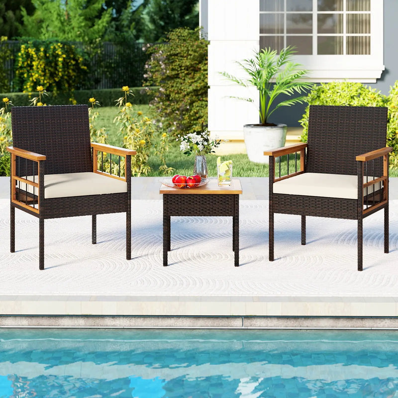 3 Piece Wicker Furniture Set with Acacia Wood Tabletop and Armrest for Balcony-White by DirectDeals