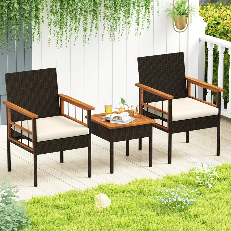 3 Piece Wicker Furniture Set with Acacia Wood Tabletop and Armrest for Balcony-White by DirectDeals