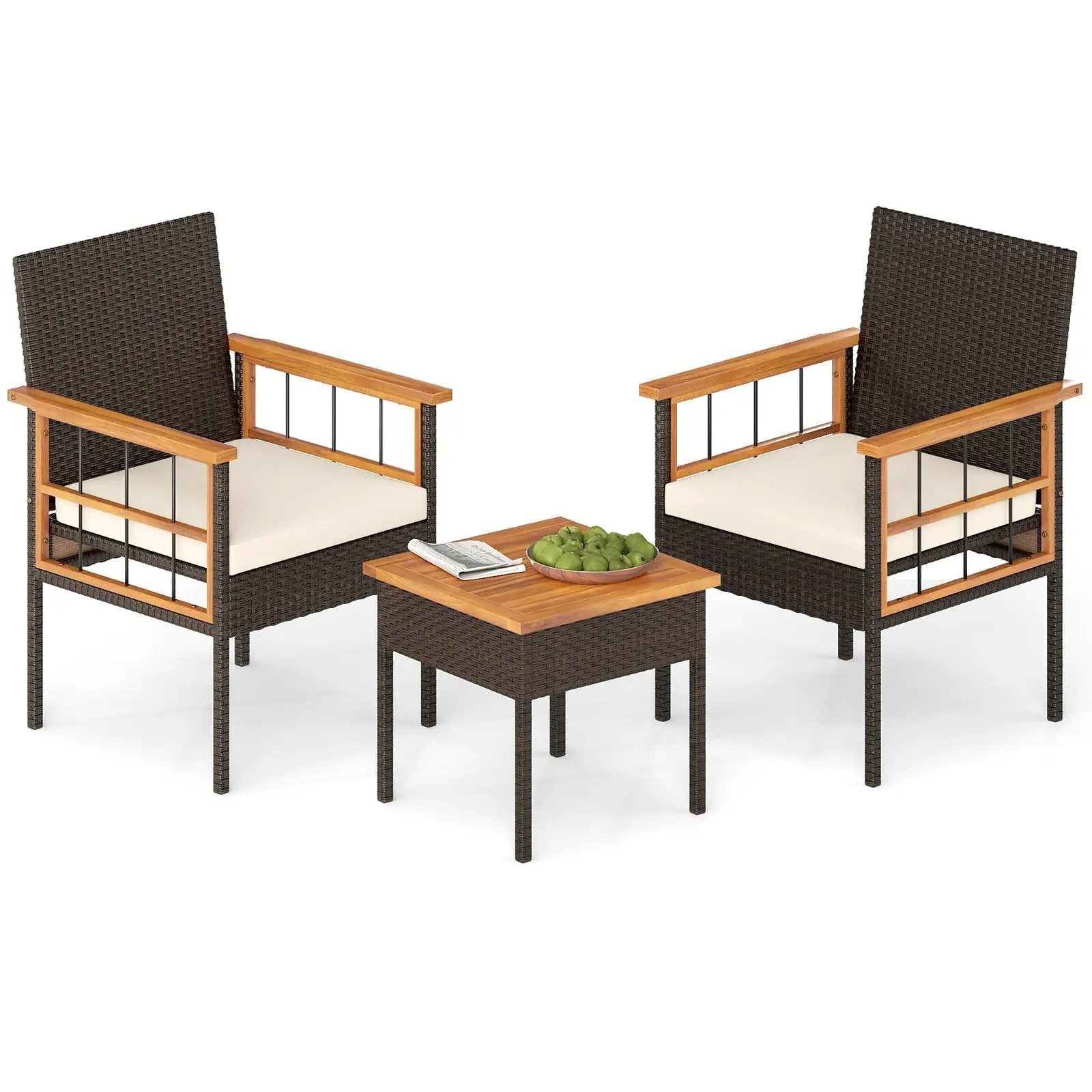 3 Piece Wicker Furniture Set with Acacia Wood Tabletop and Armrest for Balcony-White by DirectDeals