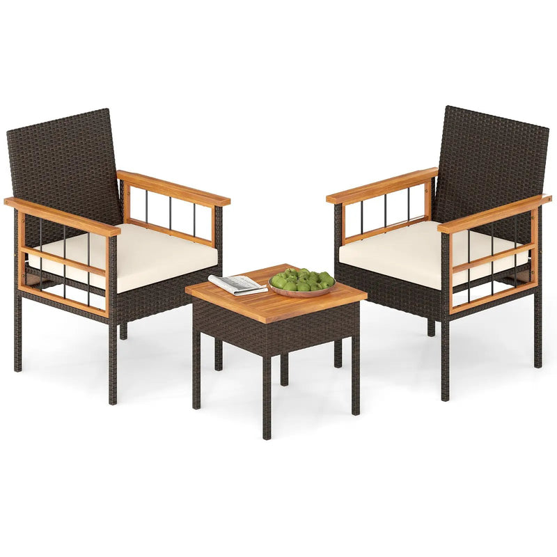 3 Piece Wicker Furniture Set with Acacia Wood Tabletop and Armrest for Balcony-White by DirectDeals
