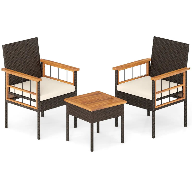 3 Piece Wicker Furniture Set with Acacia Wood Tabletop and Armrest for Balcony-White by DirectDeals
