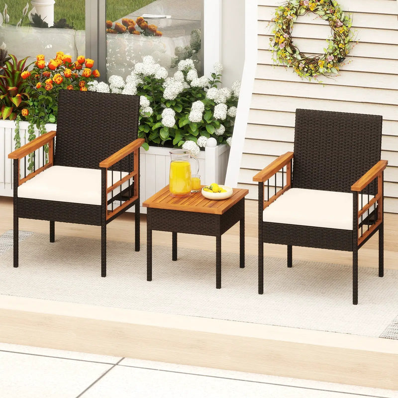 3 Piece Wicker Furniture Set with Acacia Wood Tabletop and Armrest for Balcony-White by DirectDeals