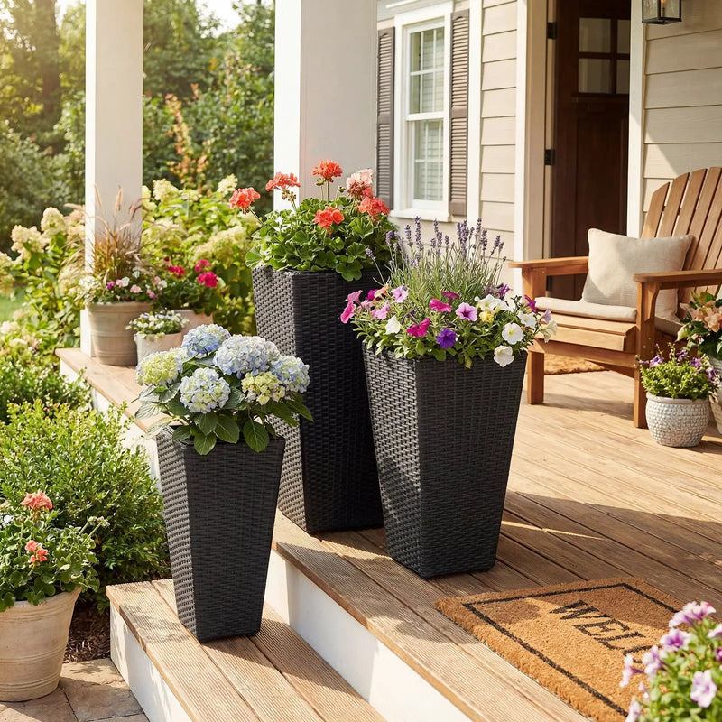 3-Piece Wicker Planters Tapered PP Rattan Plant Boxes with Plastic Flower Pots-Black by DirectDeals