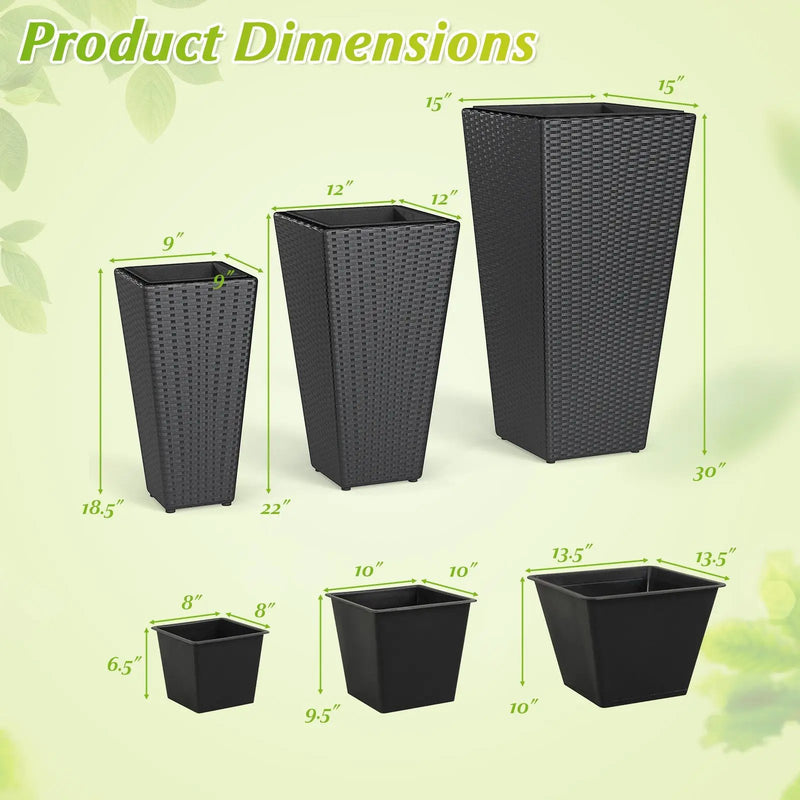 3-Piece Wicker Planters Tapered PP Rattan Plant Boxes with Plastic Flower Pots-Black by DirectDeals