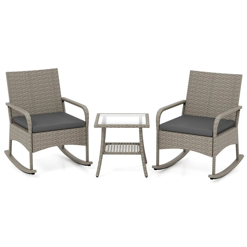 3-Piece Wicker Rocking Bistro Set with Cushions - Gray by DirectDeals