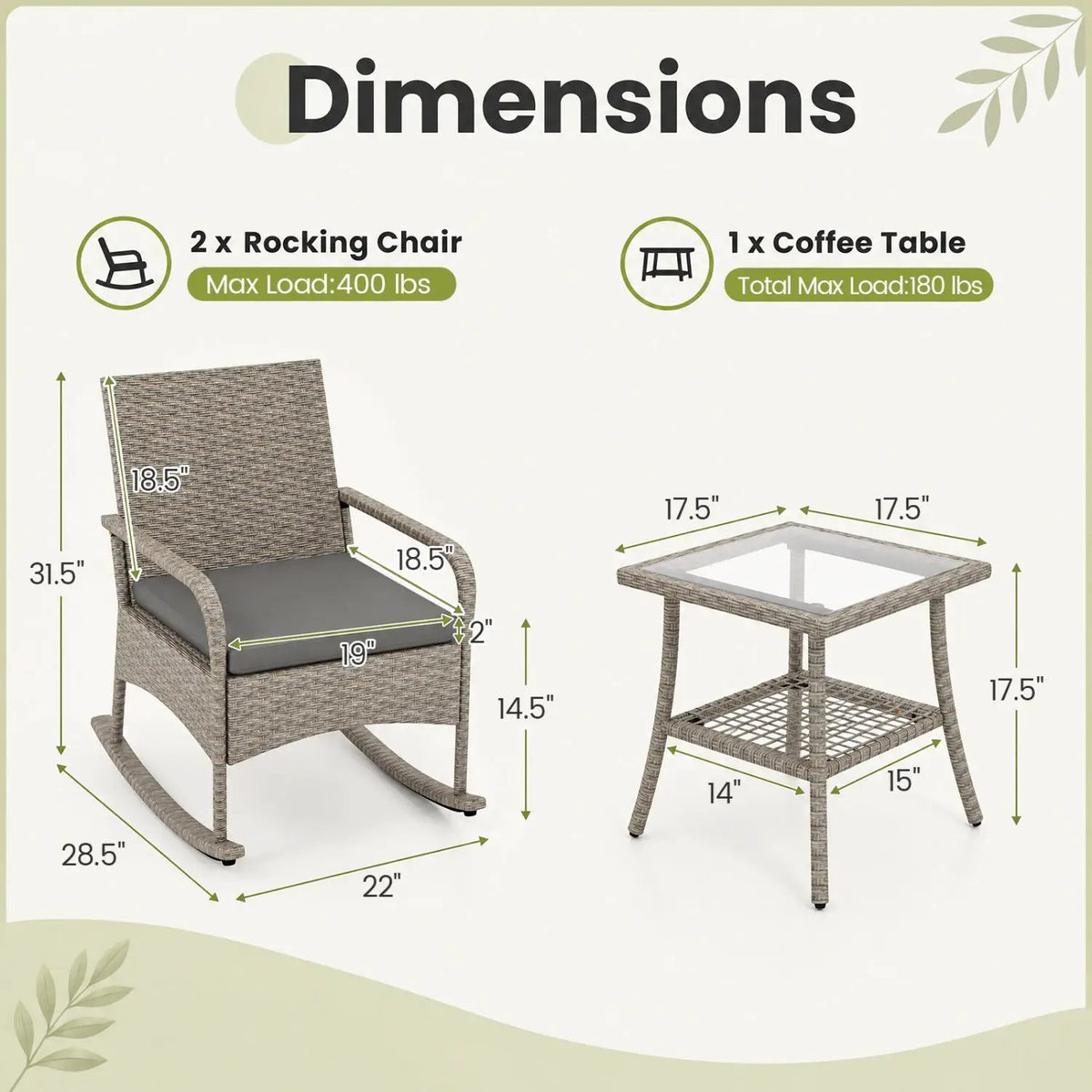 3-Piece Wicker Rocking Bistro Set with Cushions - Gray by DirectDeals