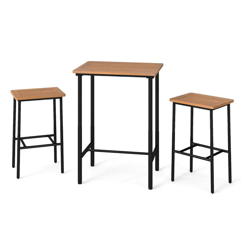 3 Pieces Acacia Wood Patio Bar Set Rectangular Table with Metal Frame by DirectDeals