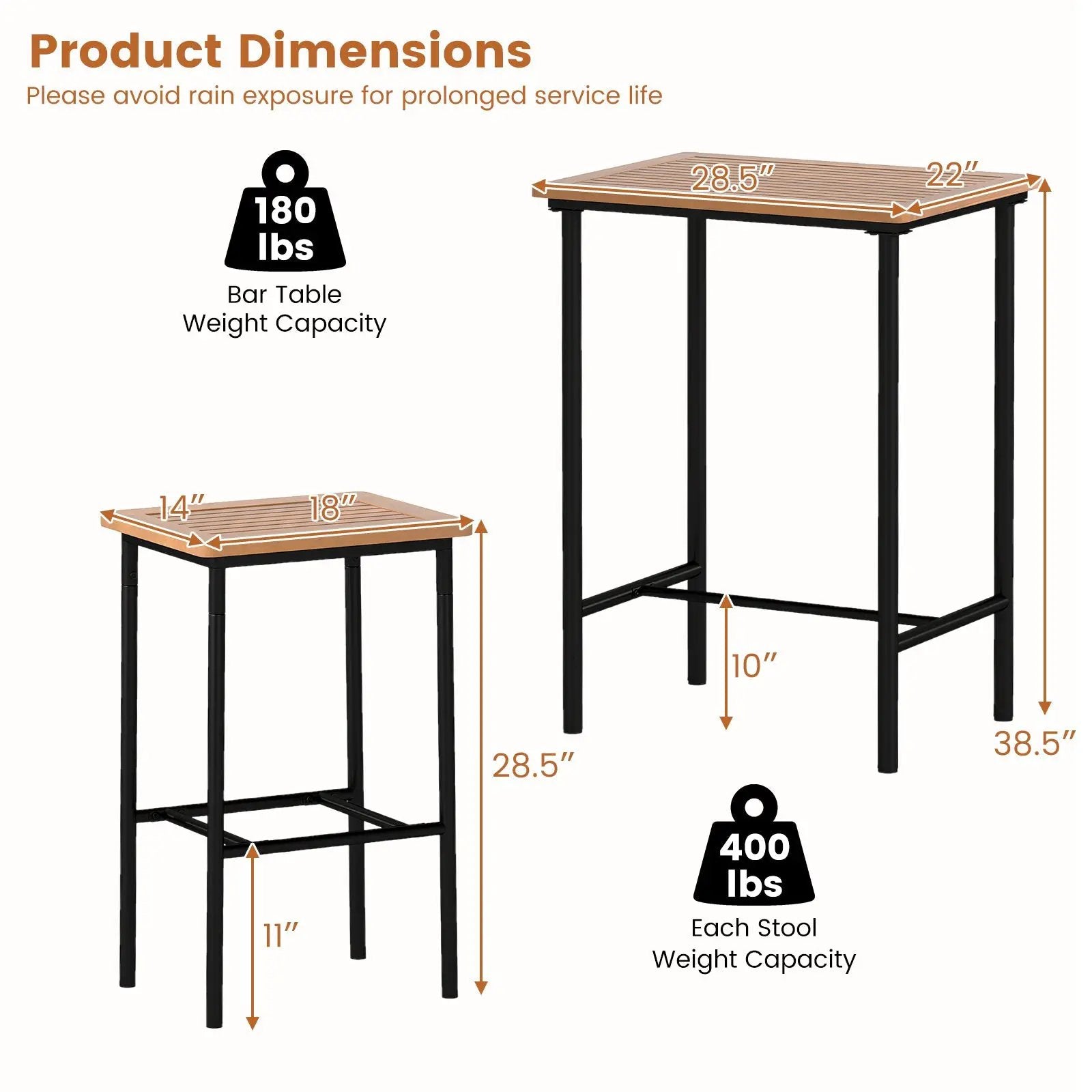 3 Pieces Acacia Wood Patio Bar Set Rectangular Table with Metal Frame by DirectDeals