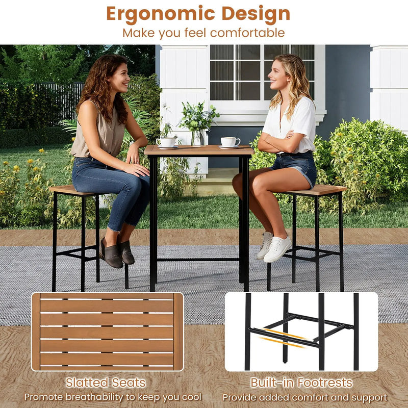 3 Pieces Acacia Wood Patio Bar Set Rectangular Table with Metal Frame by DirectDeals