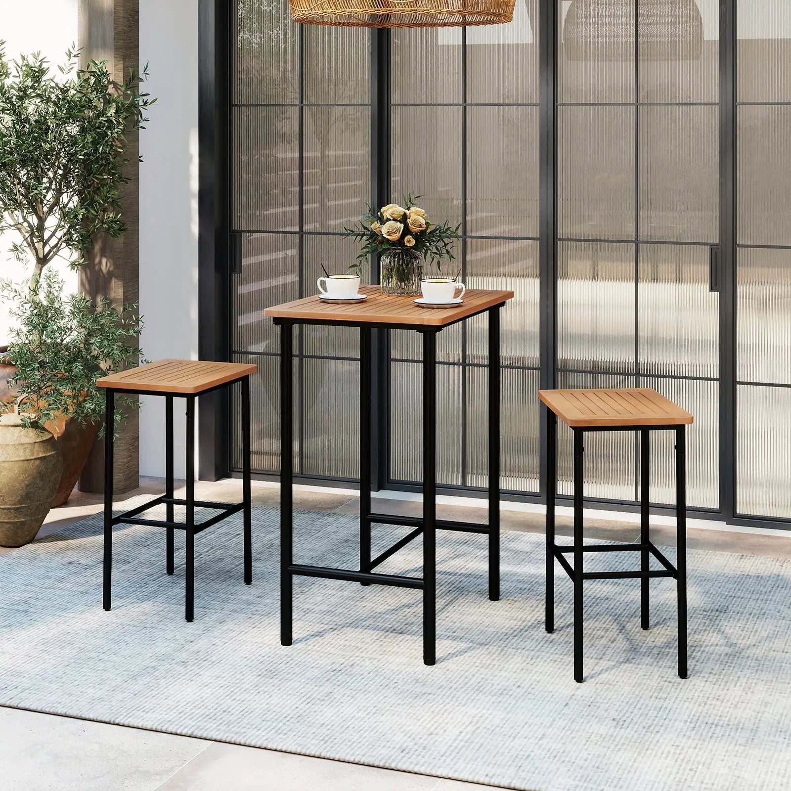 3 Pieces Acacia Wood Patio Bar Set Rectangular Table with Metal Frame by DirectDeals