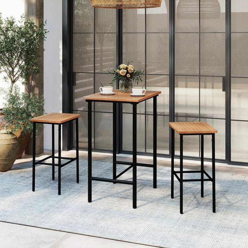 3 Pieces Acacia Wood Patio Bar Set Rectangular Table with Metal Frame by DirectDeals