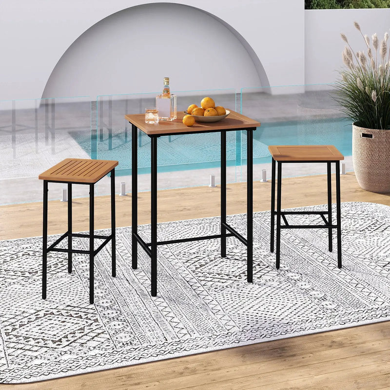 3 Pieces Acacia Wood Patio Bar Set Rectangular Table with Metal Frame by DirectDeals