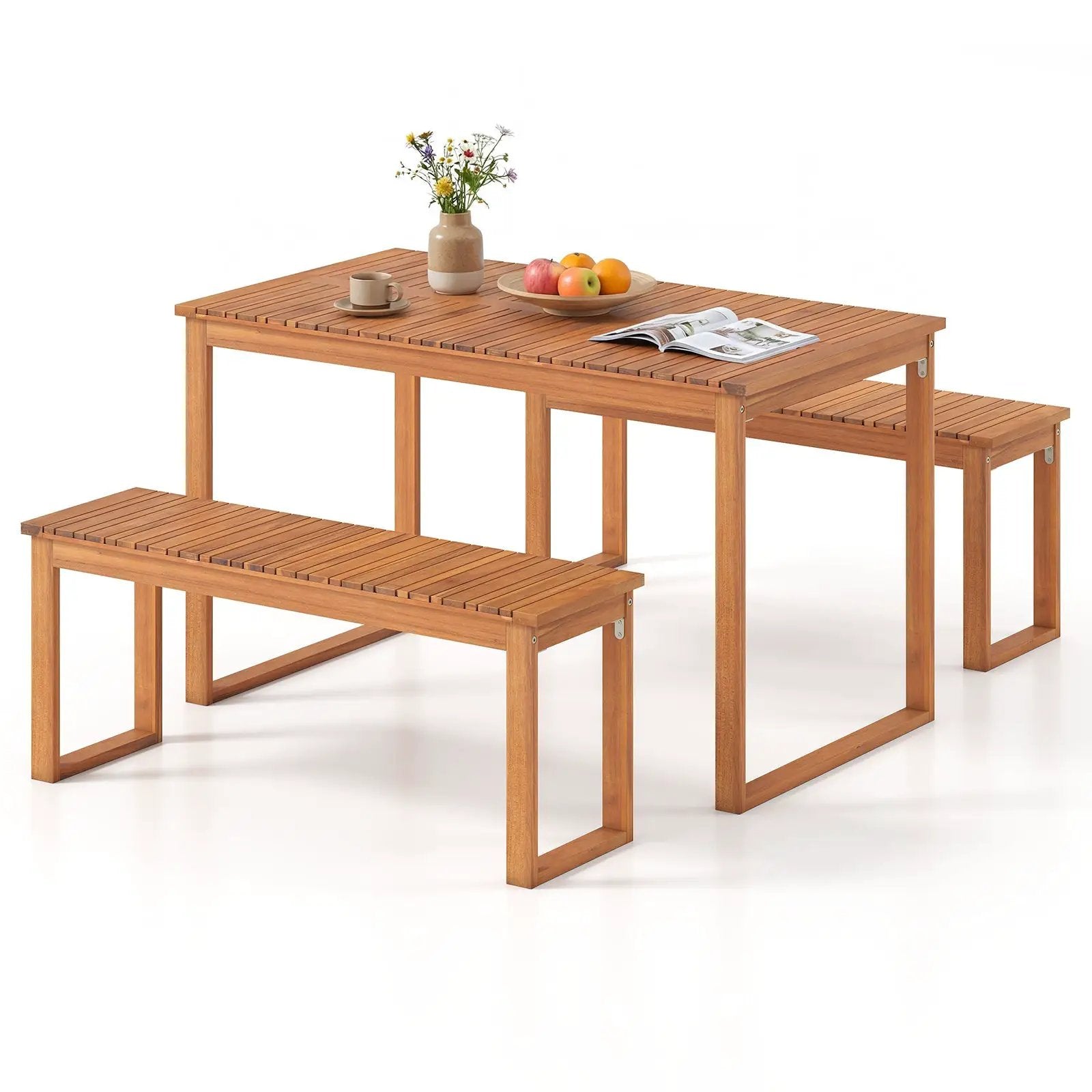 3 Pieces Acacia Wood Picnic Set with Outdoor Dining Table and 2 Benches for 4 People by DirectDeals