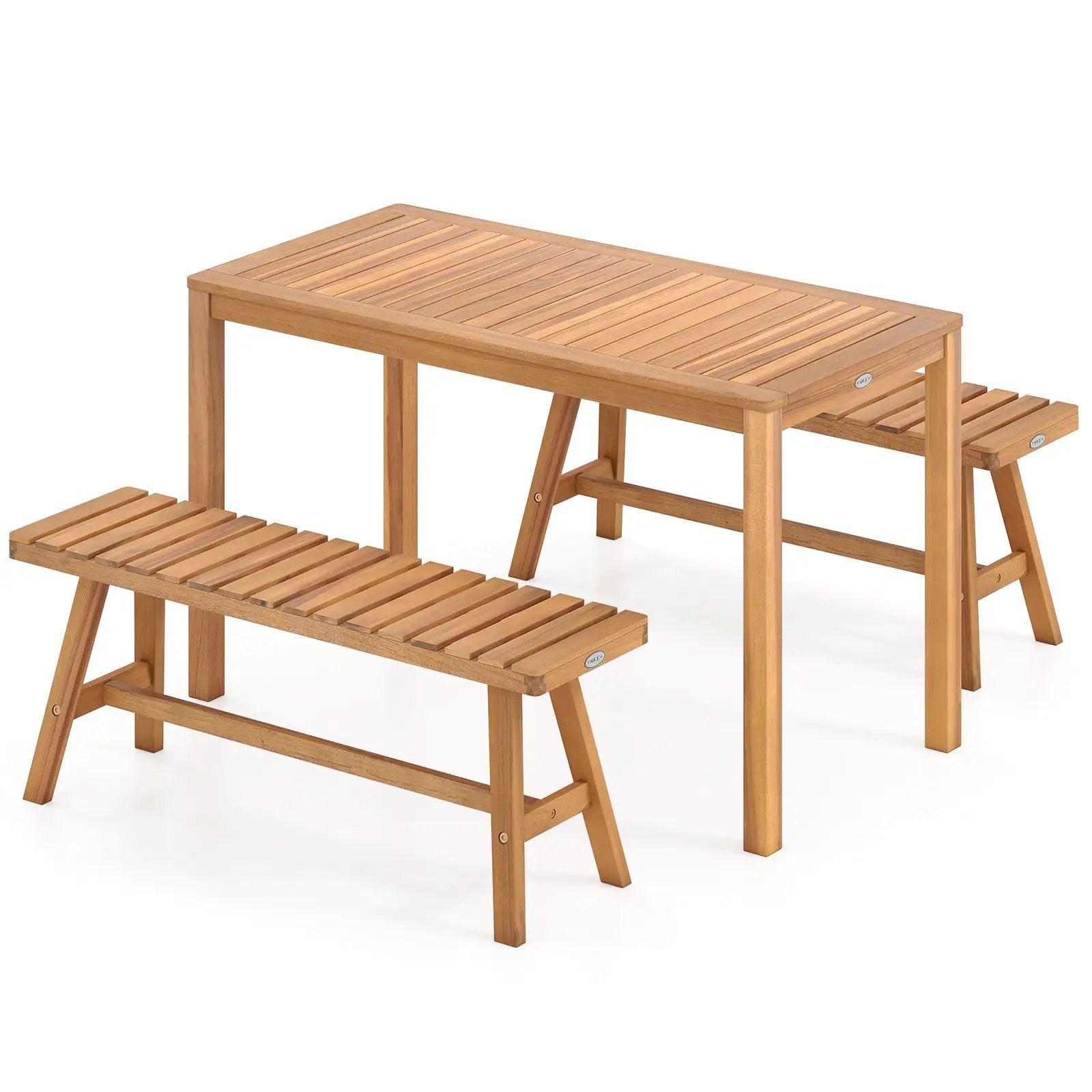 3 Pieces Acacia Wood Patio Dining Set Outdoor Rectangular Table and Benches with Slatted Seats by DirectDeals