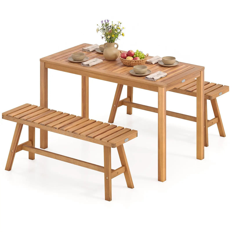 3 Pieces Acacia Wood Patio Dining Set Outdoor Rectangular Table and Benches with Slatted Seats by DirectDeals