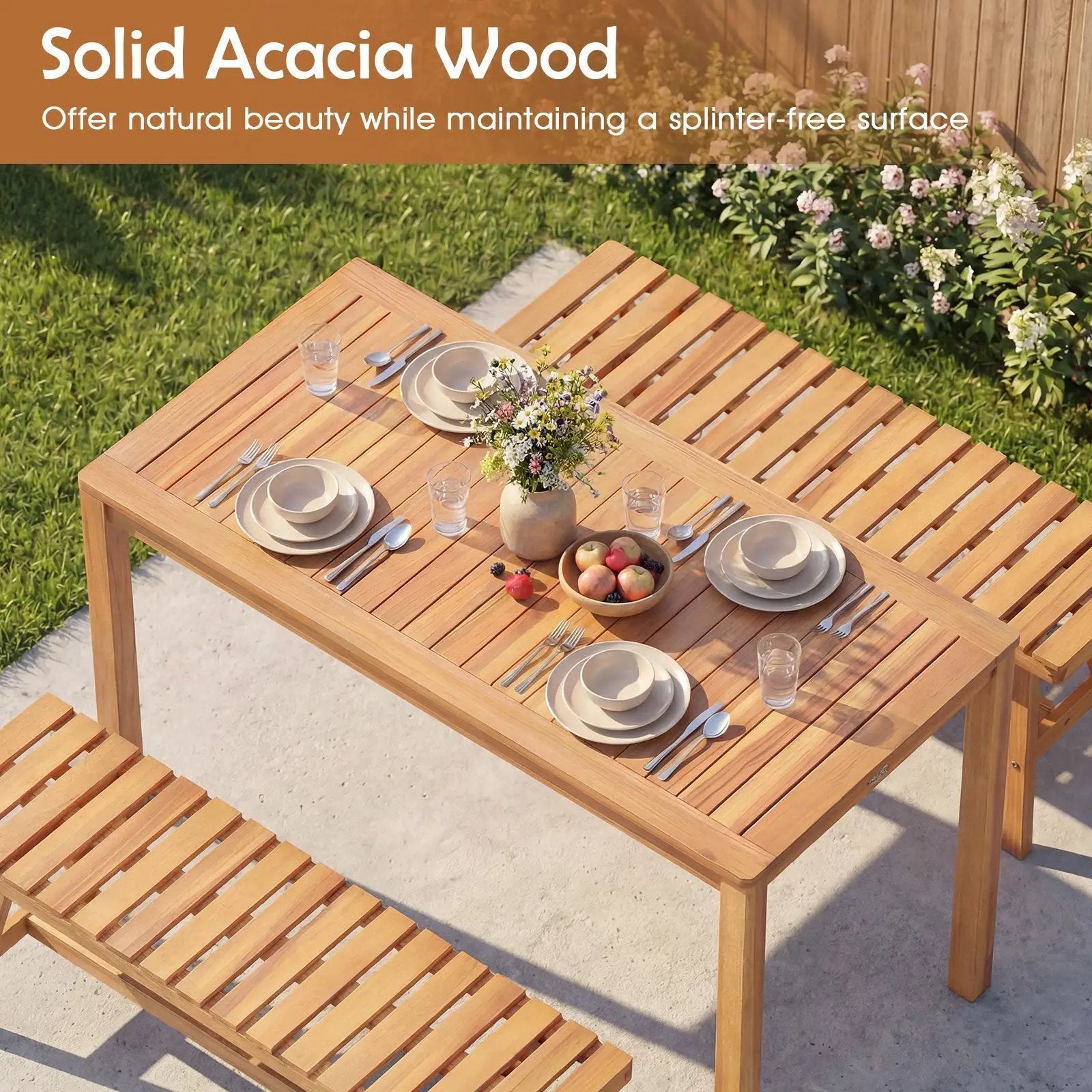 3 Pieces Acacia Wood Patio Dining Set Outdoor Rectangular Table and Benches with Slatted Seats by DirectDeals