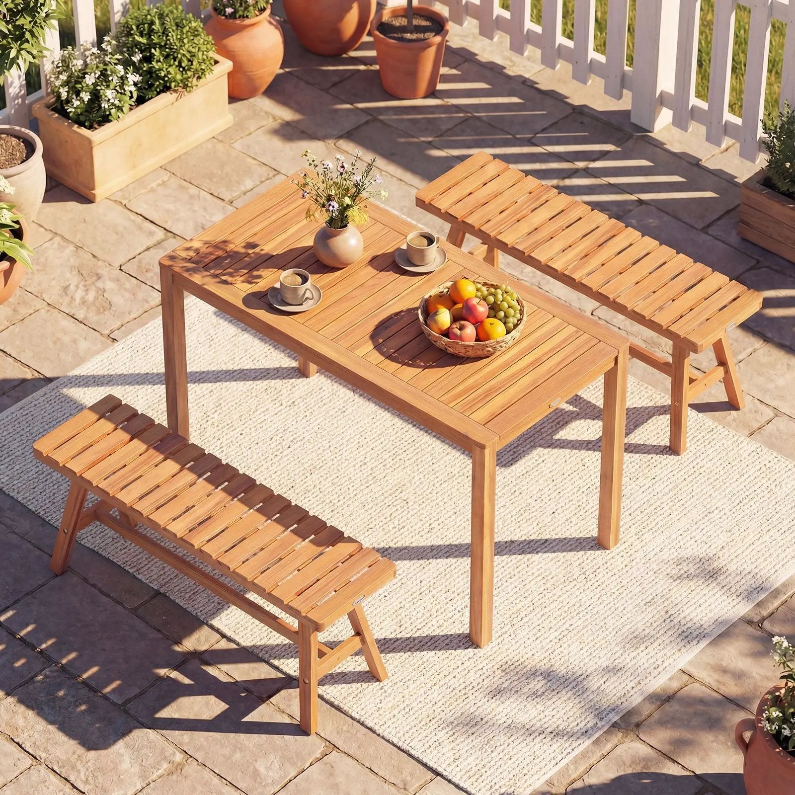 3 Pieces Acacia Wood Patio Dining Set Outdoor Rectangular Table and Benches with Slatted Seats by DirectDeals