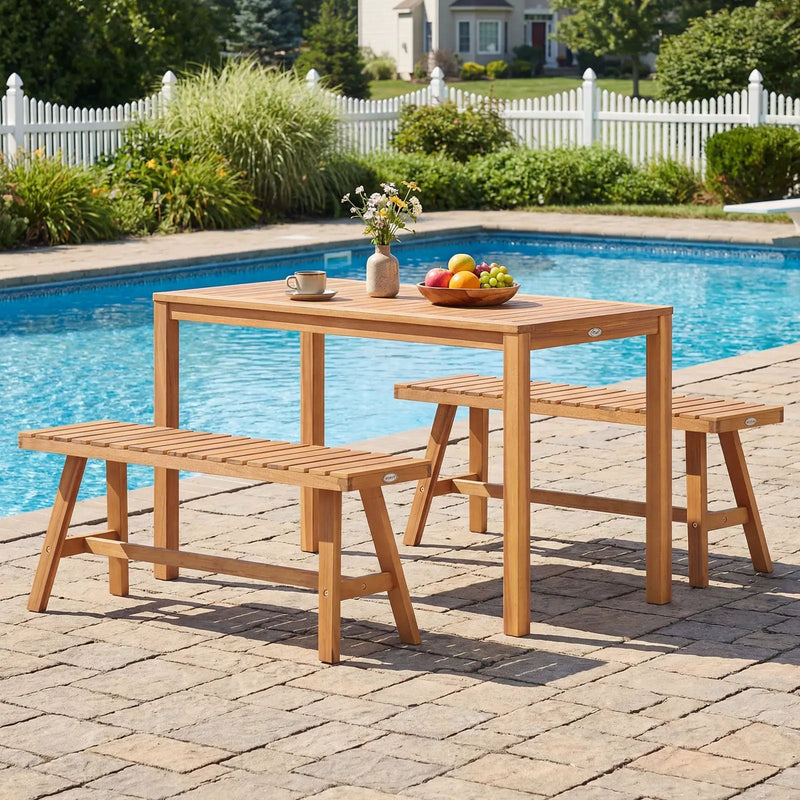 3 Pieces Acacia Wood Patio Dining Set Outdoor Rectangular Table and Benches with Slatted Seats by DirectDeals