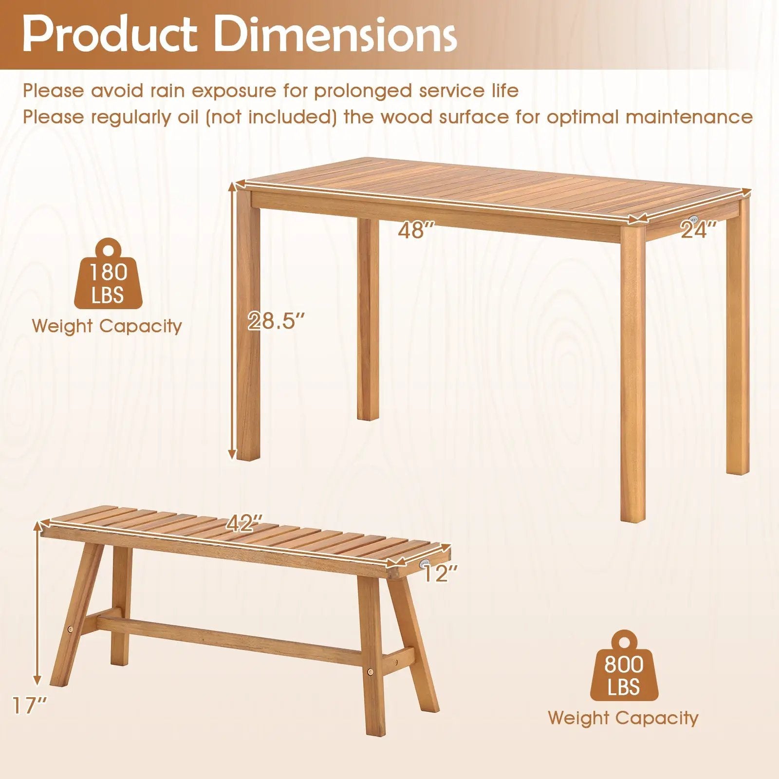 3 Pieces Acacia Wood Patio Dining Set Outdoor Rectangular Table and Benches with Slatted Seats by DirectDeals