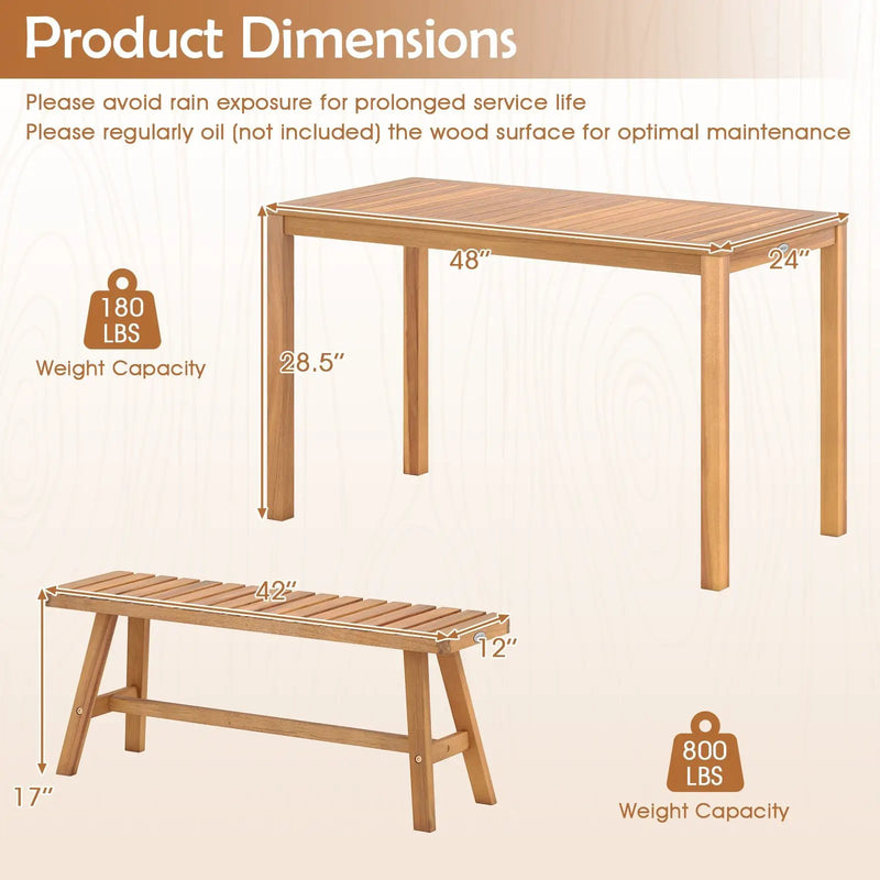3 Pieces Acacia Wood Patio Dining Set Outdoor Rectangular Table and Benches with Slatted Seats by DirectDeals