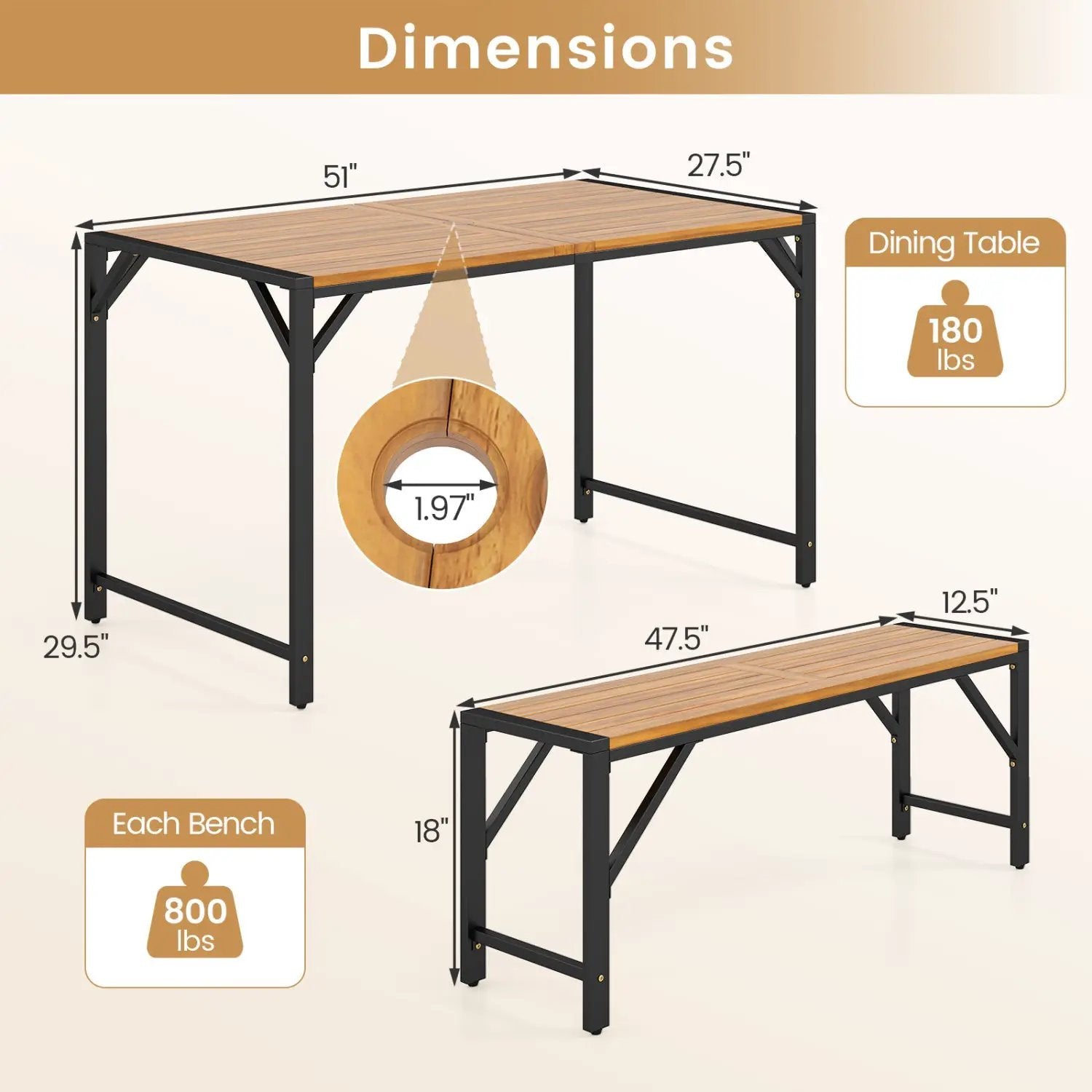 51" Acacia Wood Patio Dining Table with Umbrella Hole by DirectDeals