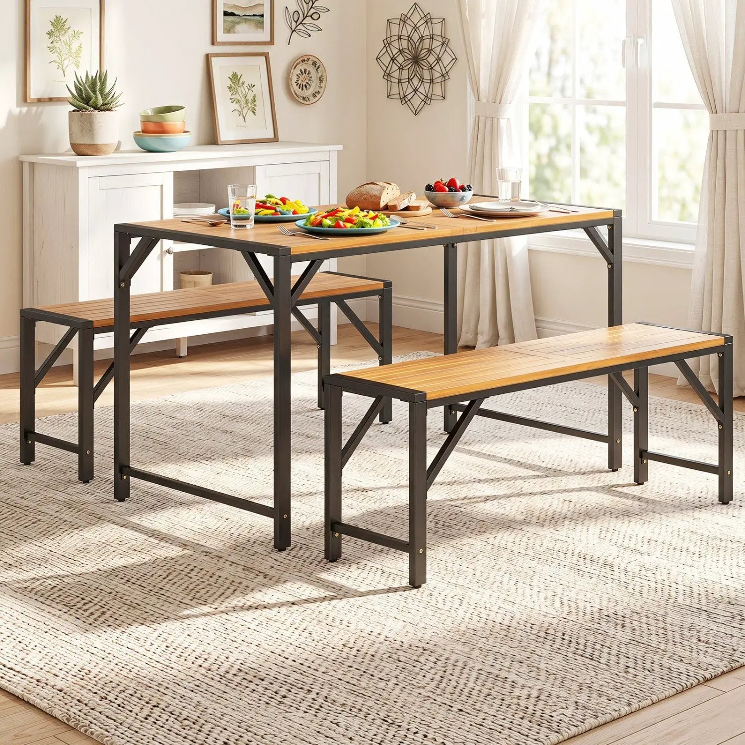 Acacia Wood Outdoor Bench Set of 2, 47.5" Slatted Seat by DirectDeals