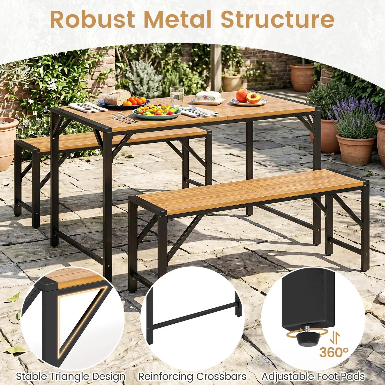 Acacia Wood Outdoor Bench Set of 2, 47.5" Slatted Seat by DirectDeals