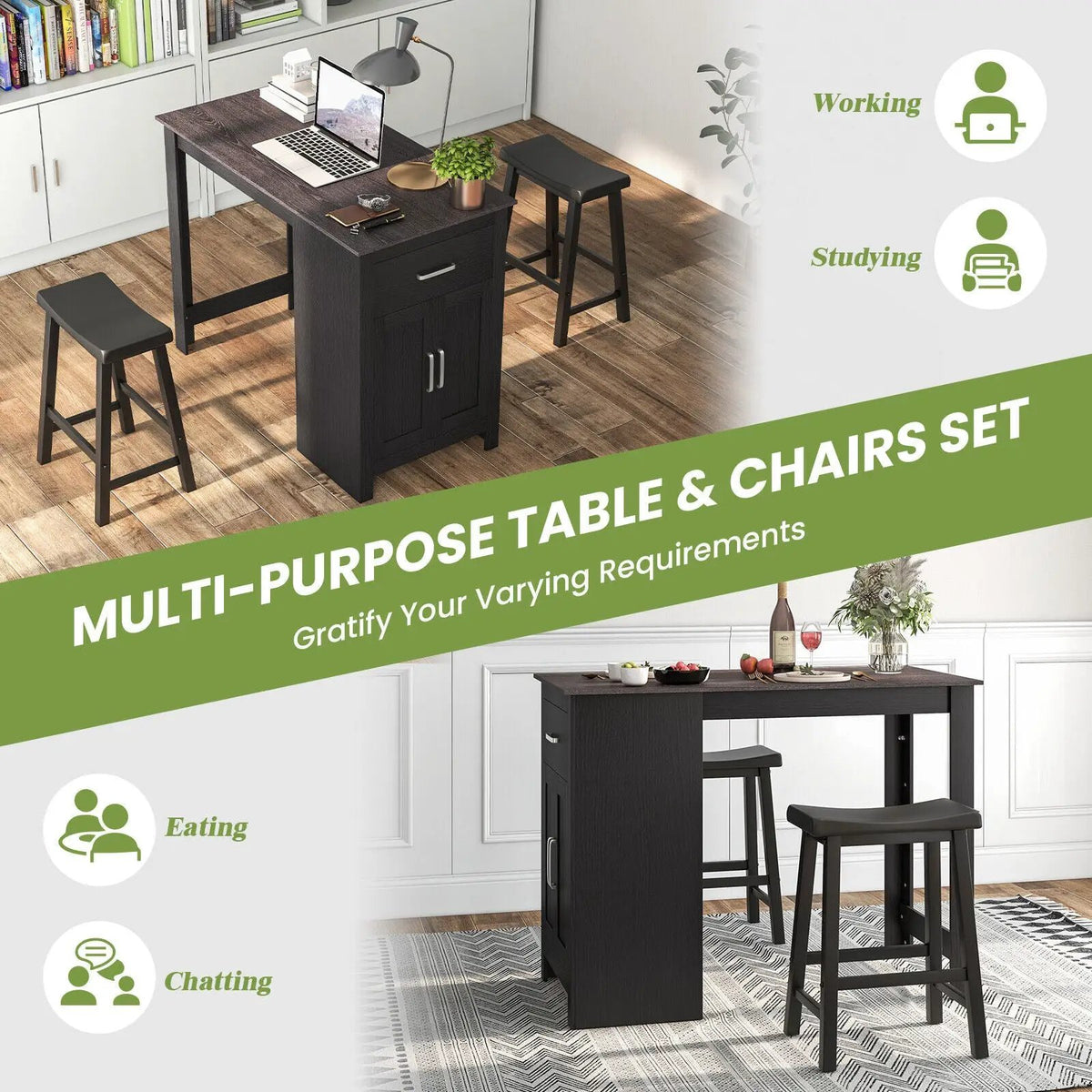 3-Piece Bar Table Set for 2 with 2 Saddle Stools for Dining Room by DirectDeals