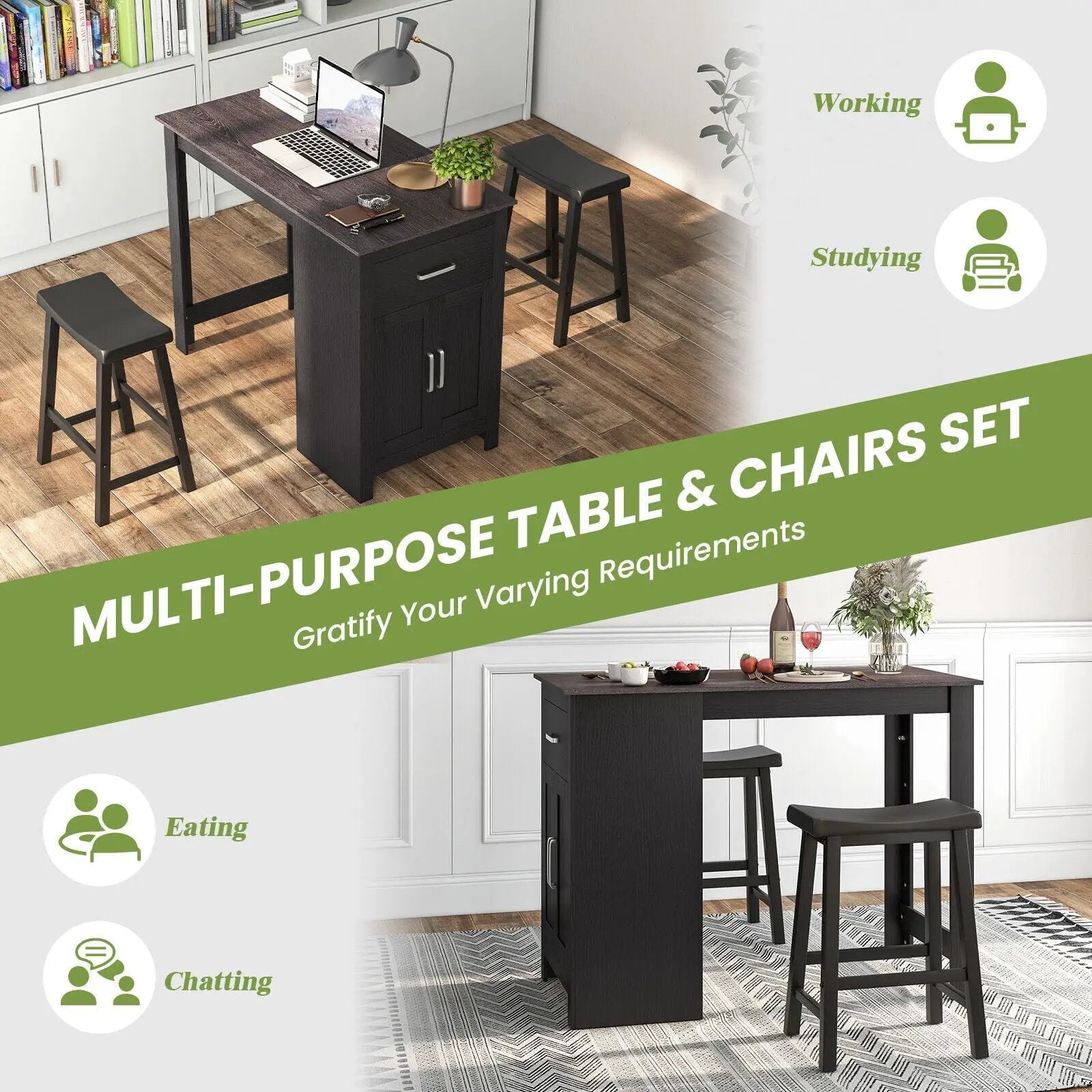 3-Piece Bar Table Set for 2 with 2 Saddle Stools for Dining Room by DirectDeals
