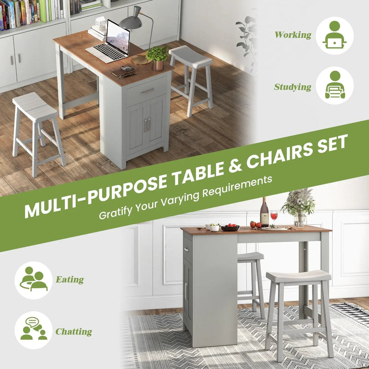 3-Piece Bar Table Set for 2 with 2 Saddle Stools for Dining Room by DirectDeals