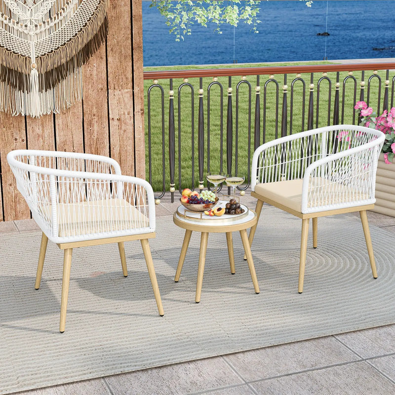 3 Pieces Outdoor Bistro PE Wicker Conversation Furniture Set-White by DirectDeals